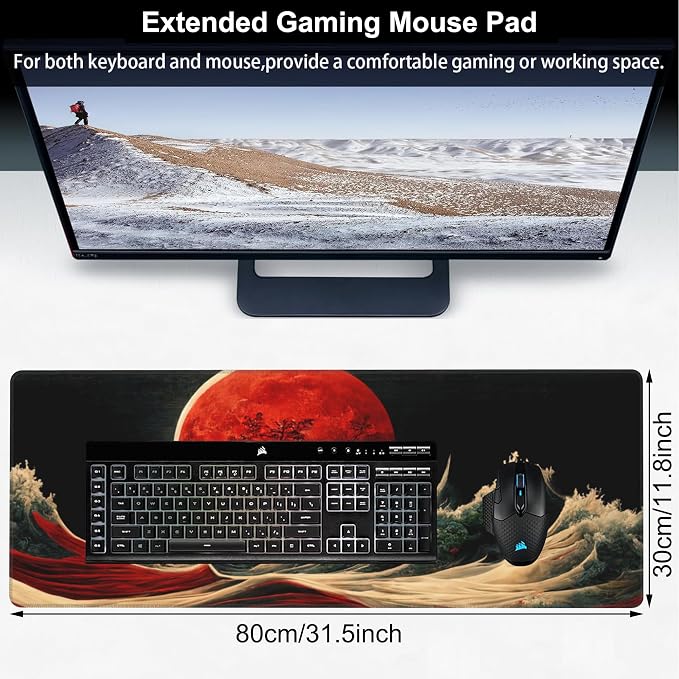 Red Moon Above The Sea Desk Mat, Large Chinese Style Landscape Gaming Keyboard - Image 2