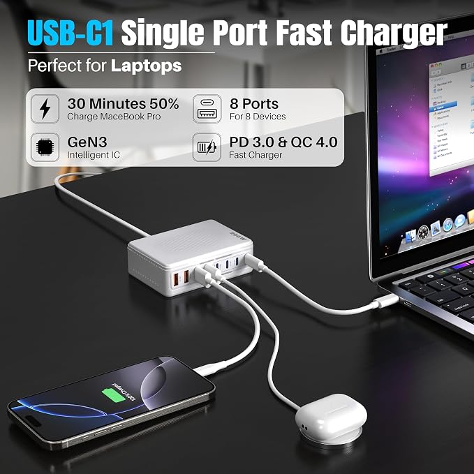 200W GaN III 8-Ports USB C Fast Charger, Type C Block, QC4.0 Fast Phone - Image 7