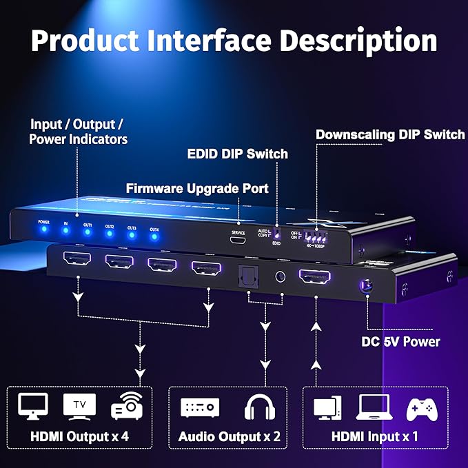 4K HDMI Splitter 1x4 with Audio Extractor, Downscaler & EDID, 4K@60Hz HDR HDMI - Image 5