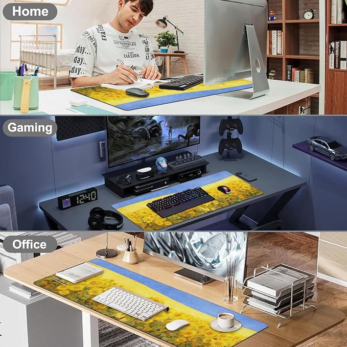 Field of Sunflowers Desk Mat, Large Sunflower Oil Painting Gaming Keyboard - Image 7