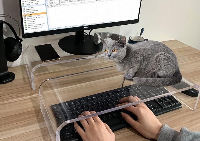 Clear Acrylic Monitor Stand, Keyboard Cover Protector Anti-Cat Prevent Cats - Image 2