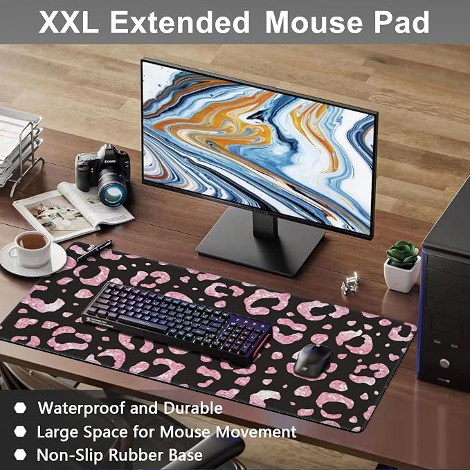 Mouse Pad, Large Rose Pink Leopard Printings Desk Mat, Extended Non-Slip Gaming - Image 6