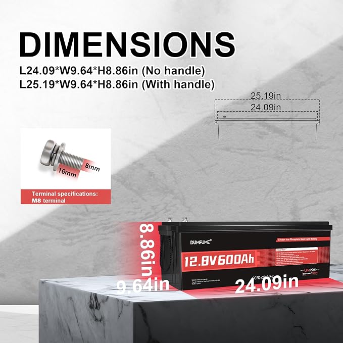 12V 600Ah LiFePO4 Battery, Built-in 200A BMS, 7680Wh Energy 10000+ Deep Cycles - Image 2