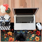 Black Cat and Flowers Gaming Mouse Pad 3mm Thick Stitched Edge Waterproof - Image 6