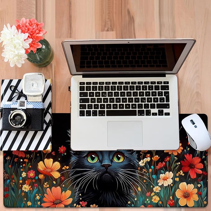 Black Cat and Flowers Gaming Mouse Pad 3mm Thick Stitched Edge Waterproof - Image 6