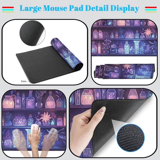 Cute Cozy Purple Gaming Desk Mat, Mystical Potion Bottles Mouse Pad XXL Large - Image 4