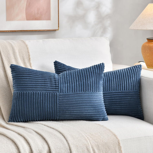 Fancy Homi 2 Packs Dusty Blue Lumbar Decorative Throw Pillow Covers 20x28 Inch for Couch Bed Sofa, Rustic Farmhouse Boho Home Decor, Soft Striped Corduroy Rectangle Accent Cushion Case 50x70 cm