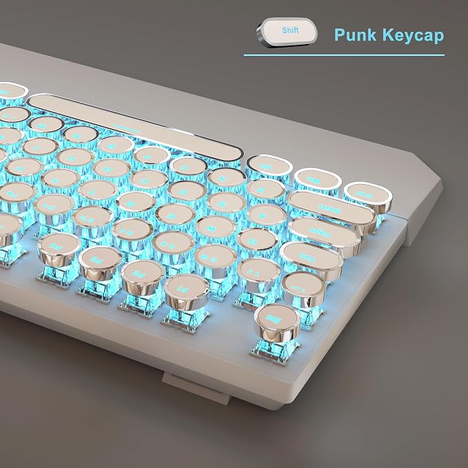 MageGee Typewriter Mechanical Gaming Keyboard, Retro Punk White Round Keycaps - Image 3