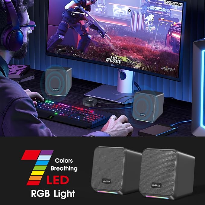 Computer Speakers, with 7 Colorful RGB Lights, Headphone Jack, Enhanced Bass - Image 4