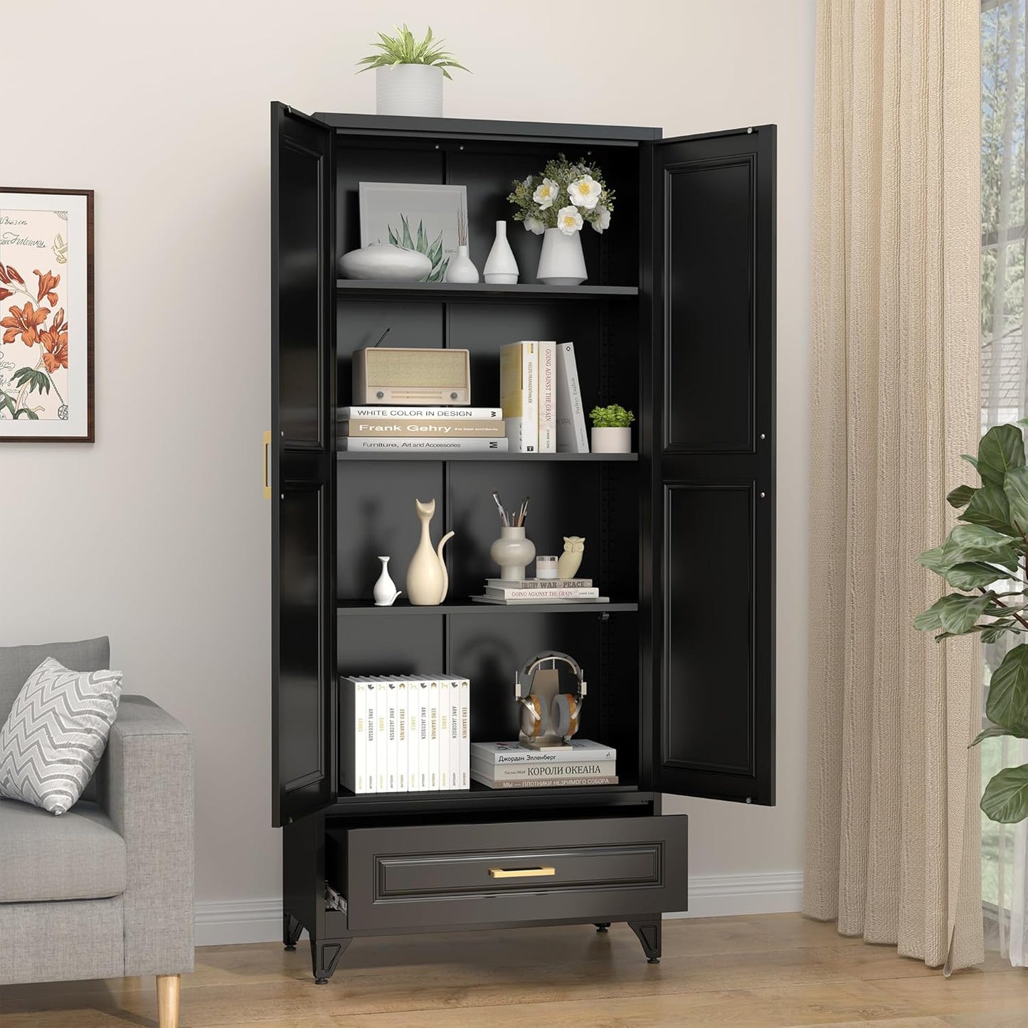 75" Kitchen Pantry Cabinet with Drawer, Metal Storage Cabinets with Doors and 4 Adjustable Shelves,Black Kitchen Cabinet with 2 Gold Handles,Food Cupboard for Livingroom,Pantry