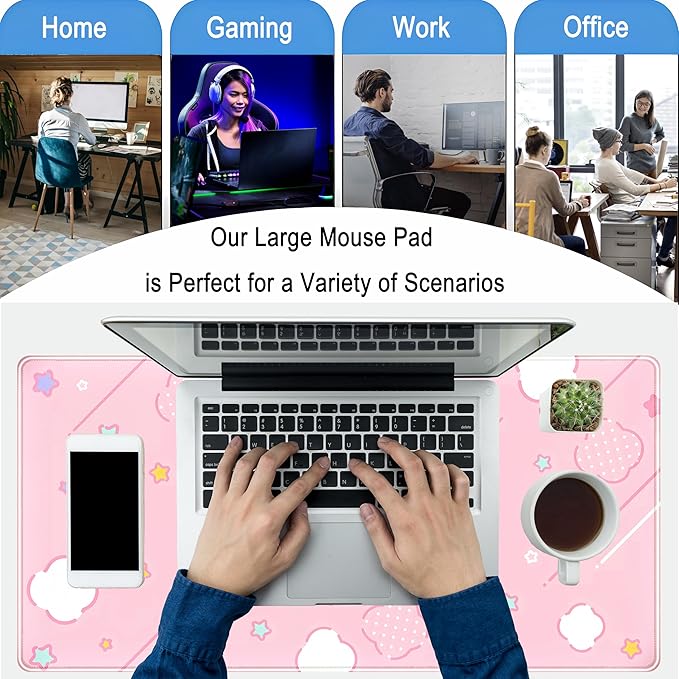 Pink Mouse Pad Large Desk Mat Gaming, Kawaii Desk Pads Stars Mouse Mat XXL Cute - Image 6