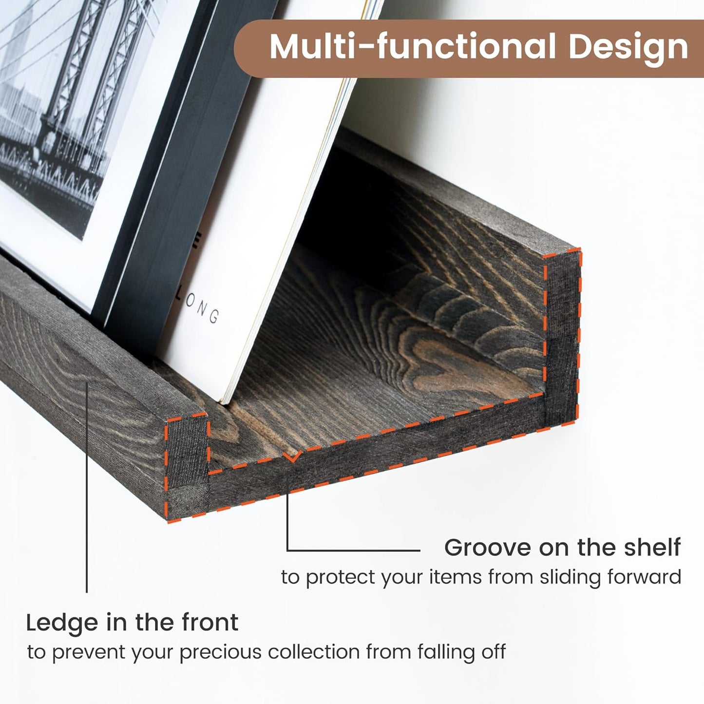 Picture Ledge Wall Shelves 56 Inches Width Set of 3, Solid Pine Wood Rustic Floating Ledge for Kids' Room Bedroom Kitchen Bathroom, Long Floating Shelves for Wall Decor, Grey