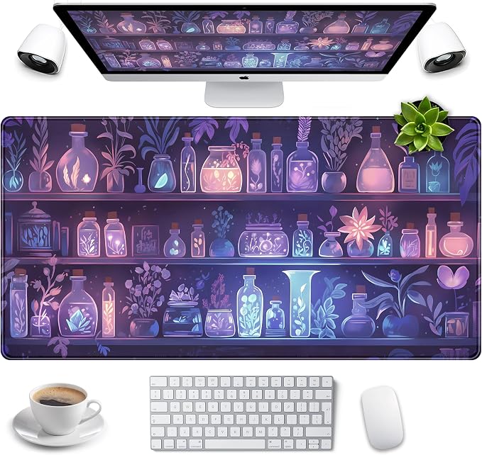Cute Cozy Purple Gaming Desk Mat, Mystical Potion Bottles Mouse Pad XXL Large by LuckyCow