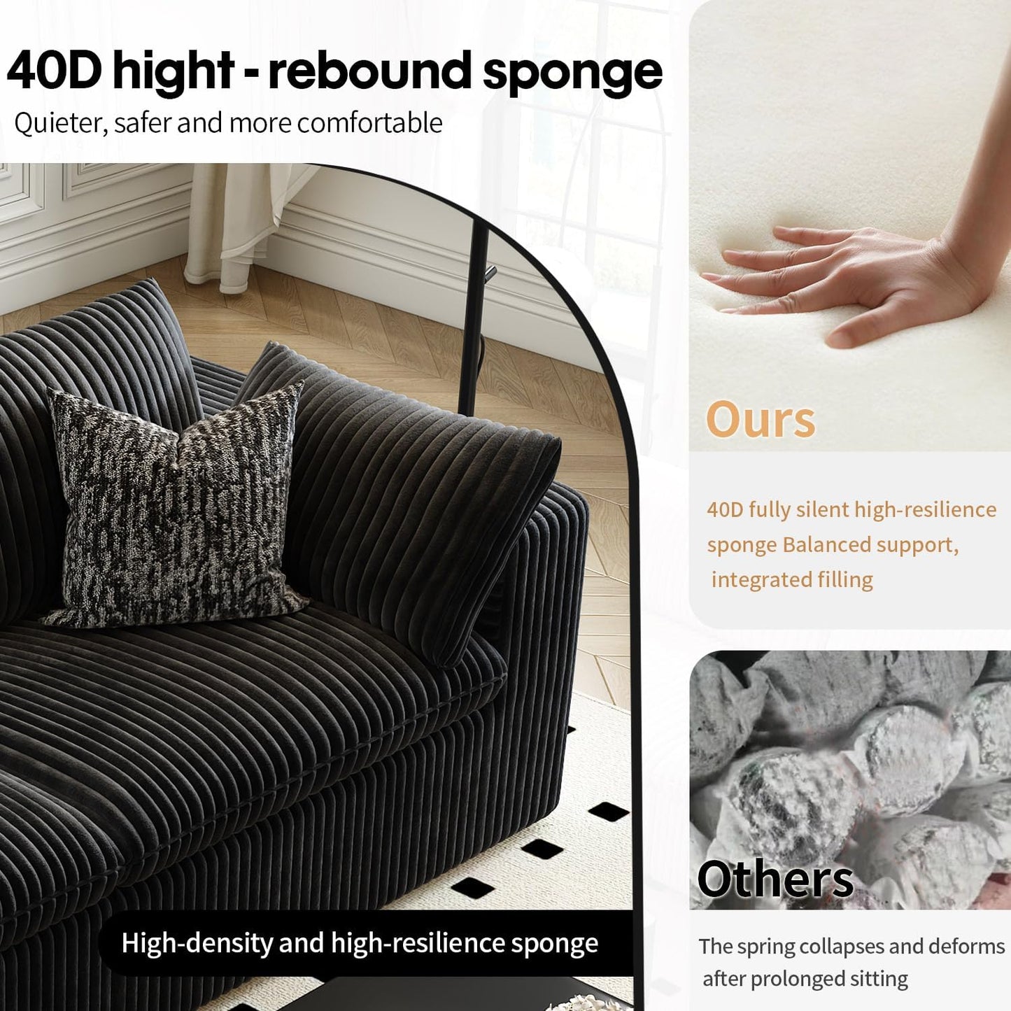 118" Cloud Couch Oversized Modular Sectional Sofa for Living Room,Modern Sofa with Deep Seat，6 Seater Boneless Couch,Comfy Upholstered Corduroy Couches for Apartment, Studio, Office,Bedroom，Black