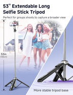 53'' Selfie Stick Tripod with Light, Extendable Selfie Stick with Remote - Image 3