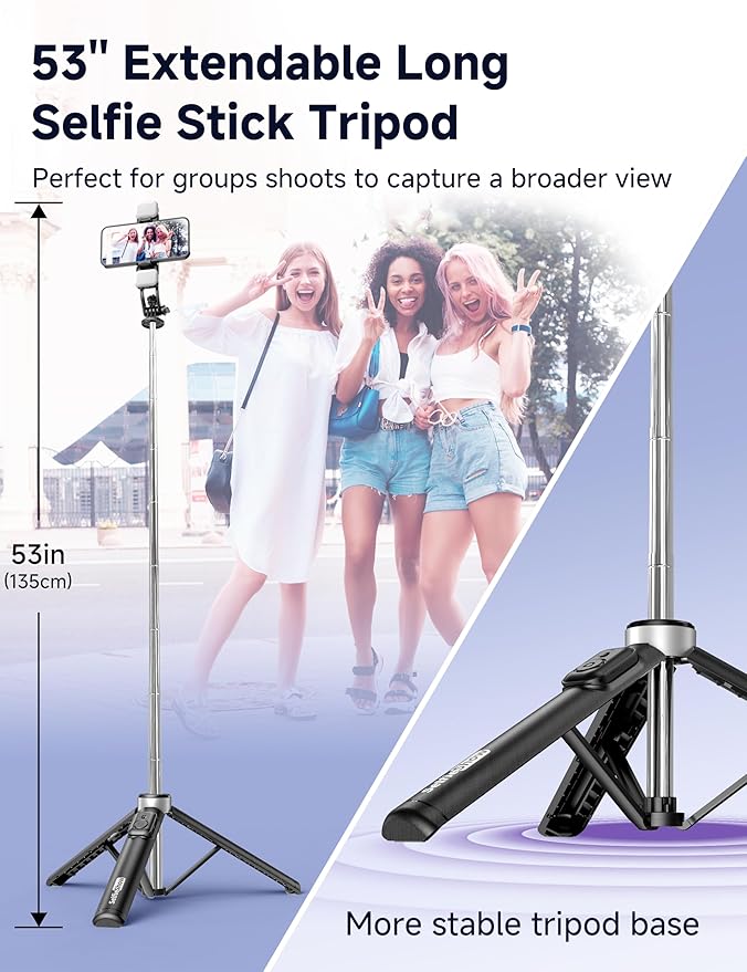 53'' Selfie Stick Tripod with Light, Extendable Selfie Stick with Remote - Image 3