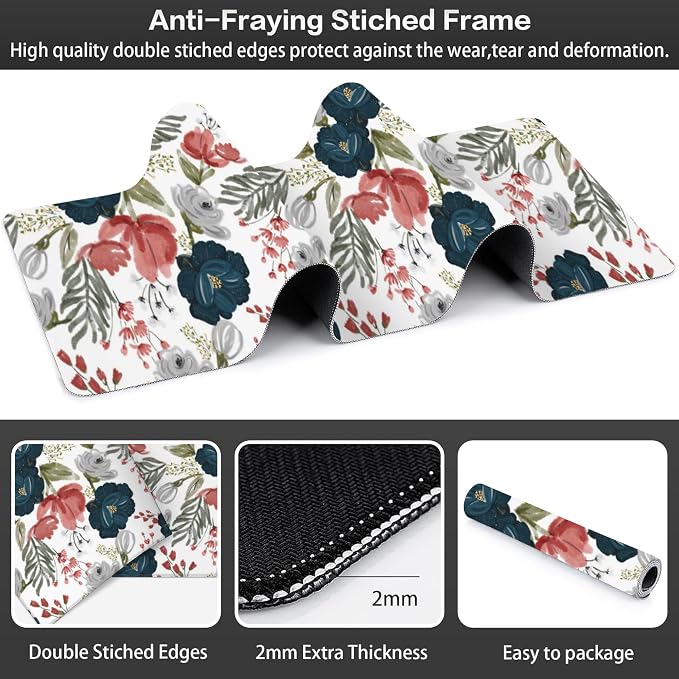 Watercolor Flowers Desk Mat, Large Colorful Floral Gaming Keyboard Mouse Pad - Image 3