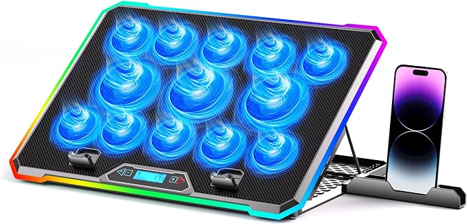 Gaming Laptop Cooler with 13 Ultra Quiet Fans, LCD Screen and Multi Color RGB by KYOLLYELECTRONICS