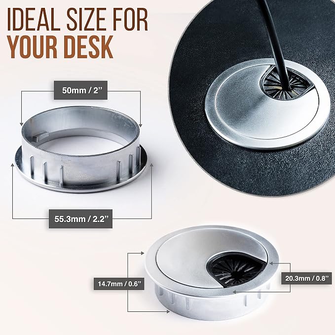 MAHDPRO Metal Desk Grommet 2 Inch Pack of 2-Silver Zinc Alloy Metallic Desk - Image 2
