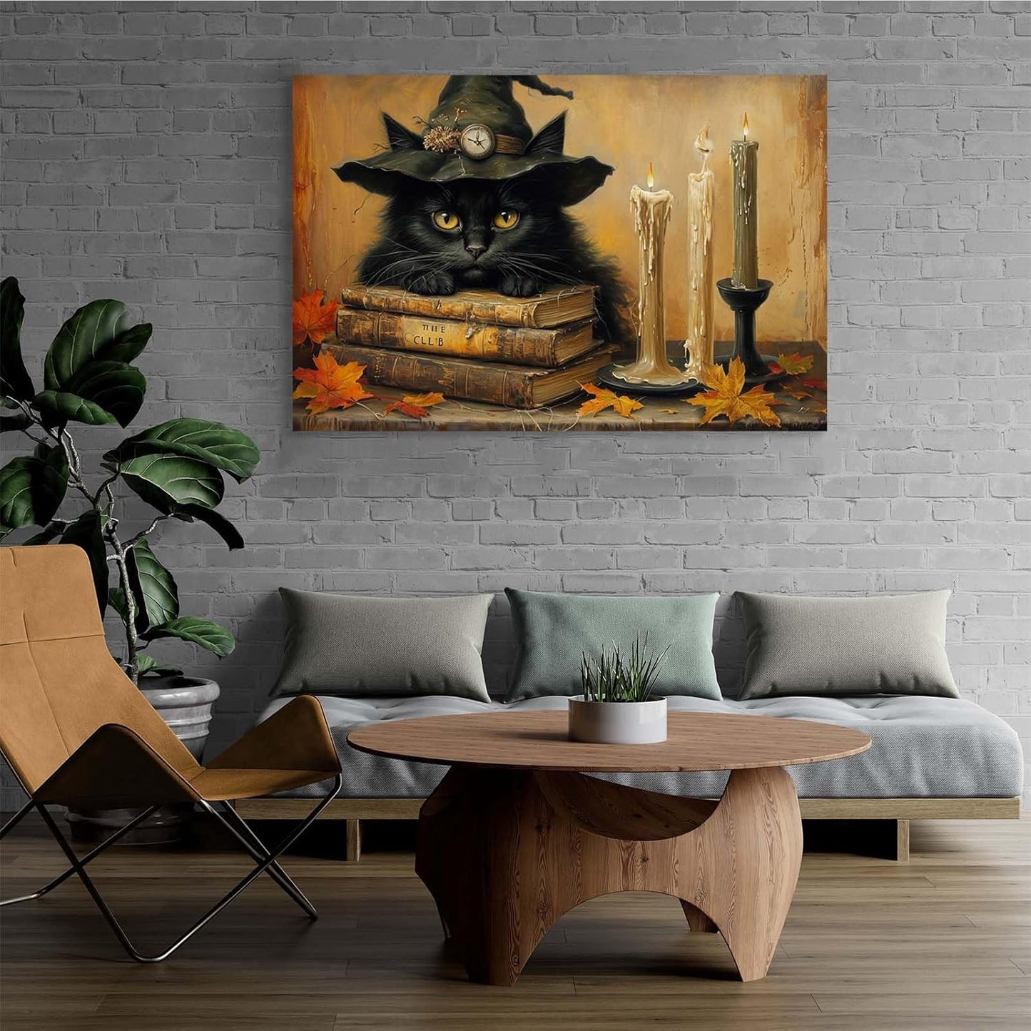 JFHCQJPK Vintage Halloween wall decoration black cat and magic book suitable for home bedroom living room decoration dark classic art witch wall decoration12x16in Frameless