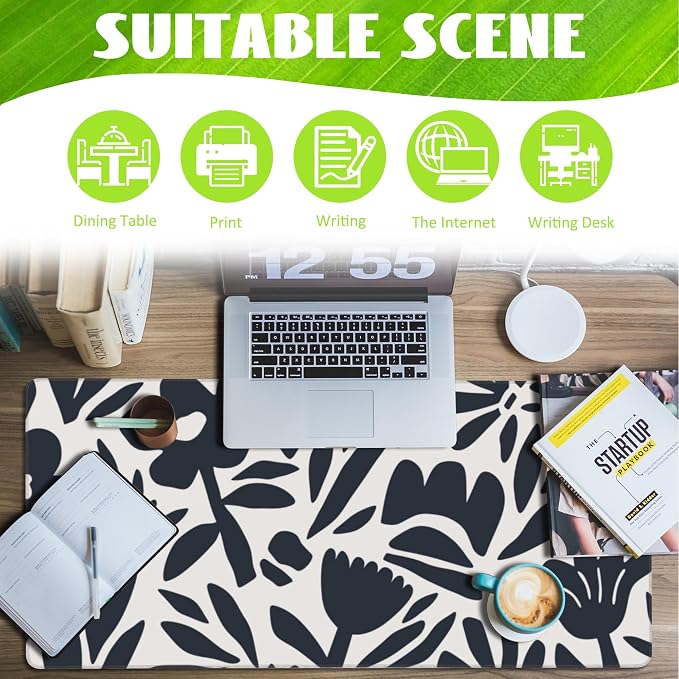 Desk Pad, Hand Drawn Leaves and Flowers Desk Mat, Abstract Plant Large Gaming - Image 3