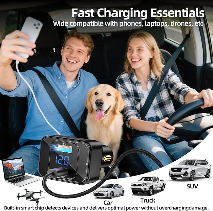 170W PD3.1 Car Charger with LED Voltage Display, USB-C Cigarette Lighter - Image 7