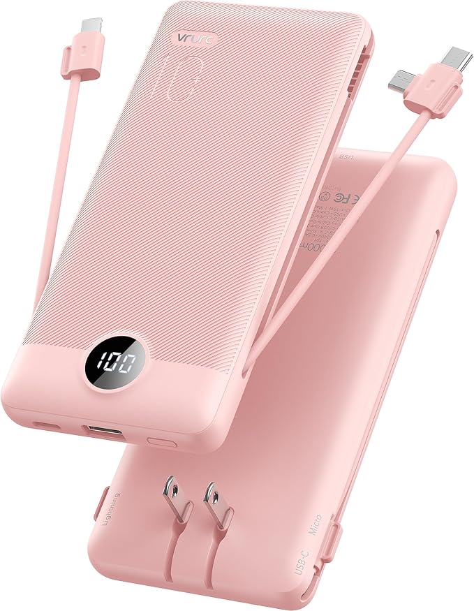 VRURC Portable Charger Built-in Cables and AC Wall Plug, USB C Power Bank by Home