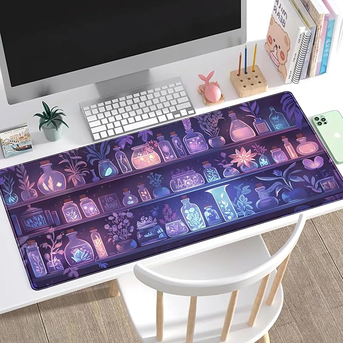Cute Cozy Purple Gaming Desk Mat, Mystical Potion Bottles Mouse Pad XXL Large - Image 2