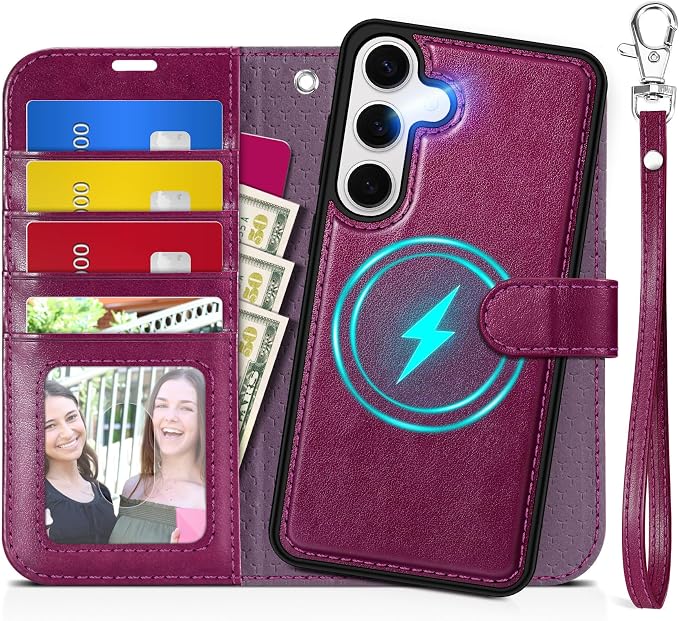 TUCCH Case for Galaxy S25, 2 in 1 Magnetic PU Leather Wallet Case Wrist Strap by TUCCH