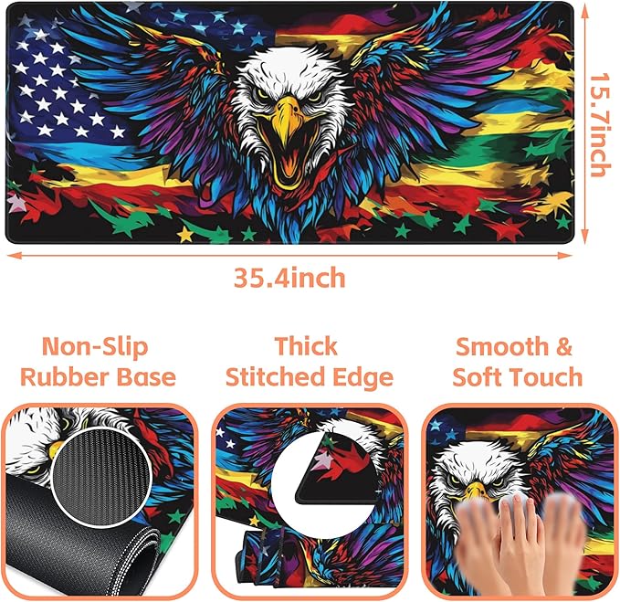 Mouse Pad Large Flag with an Eagle Non-Slip Gaming Desk Mat with Stitched Edge - Image 3