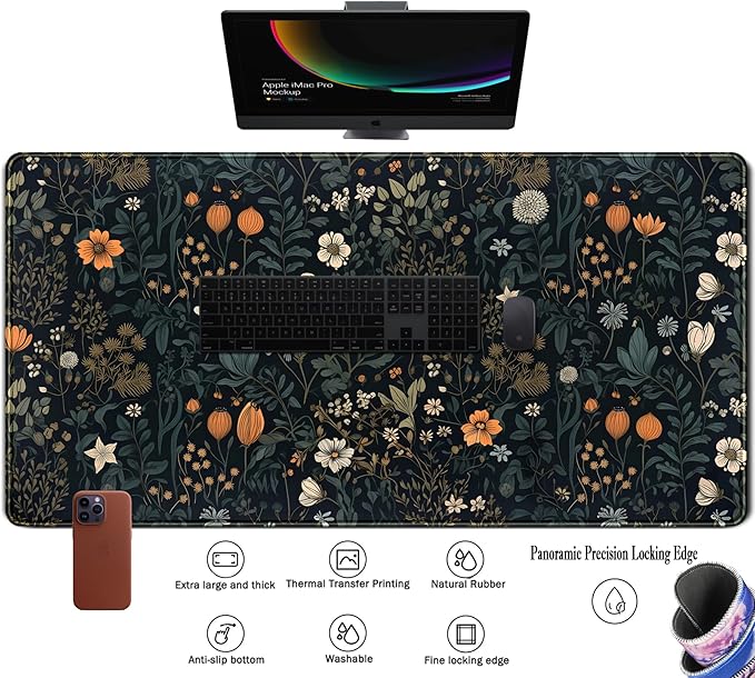 Cute Dark Floral Desk Mat Vintage Flowers Plant Mouse Pad XXL Large Extended - Image 3