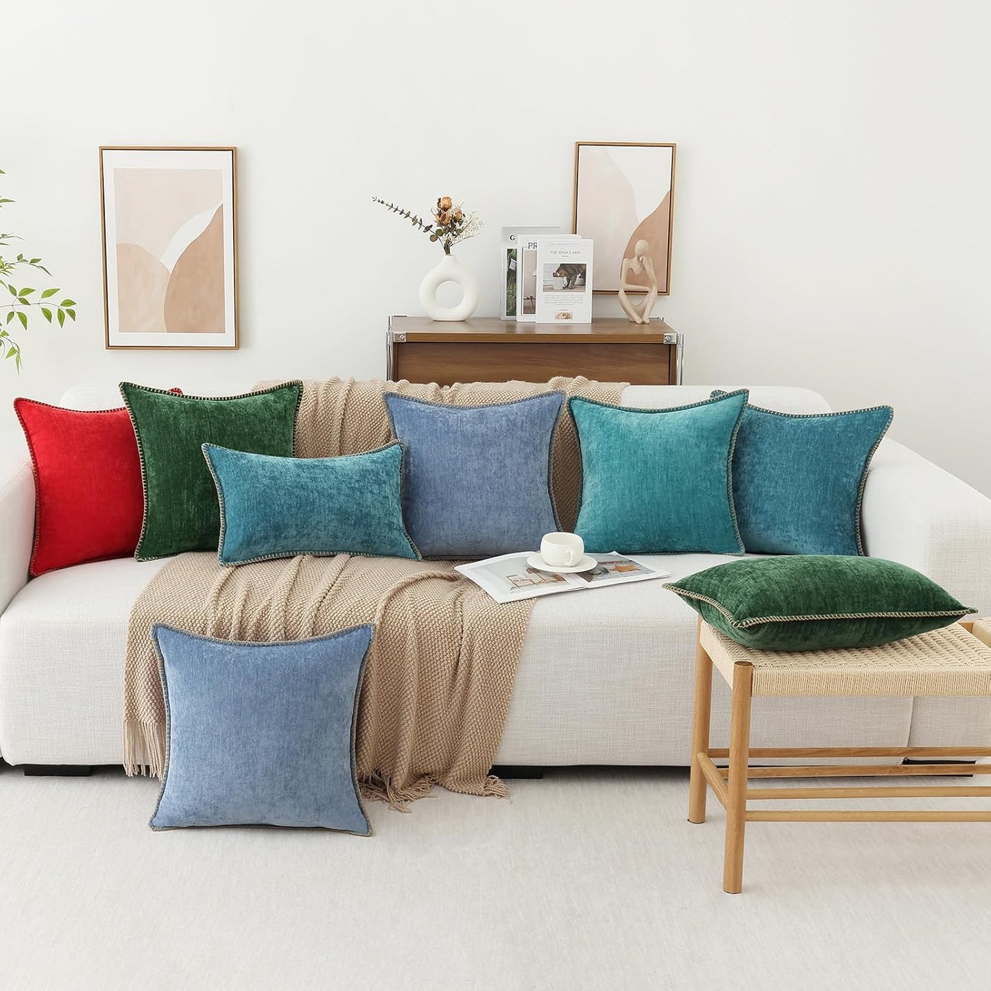 decorUhome Chenille Soft Throw Pillow Covers 16x16 Set of 2, Farmhouse Velvet Neutral Decorative Euro Pillow Covers with Stitched Edge for Couch Sofa Bed Home Decor, Teal