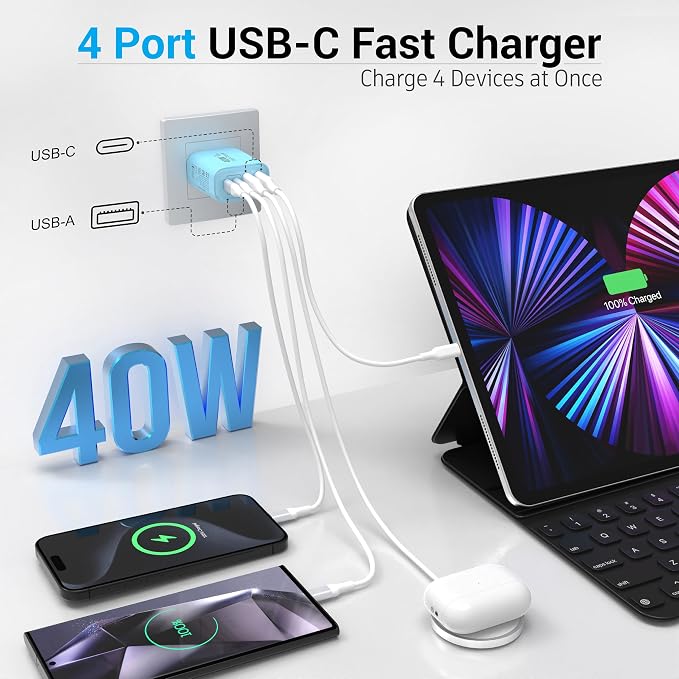 USB C Block 40W, 4 Ports Wall Plug Fast Charging Block, PD+QC Multiport Power - Image 5