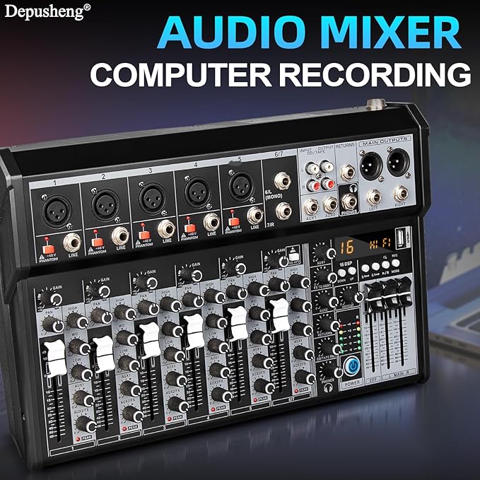 Depusheng Professional Audio Mixer, 7 Channel Audio Interface Sound Board - Image 8