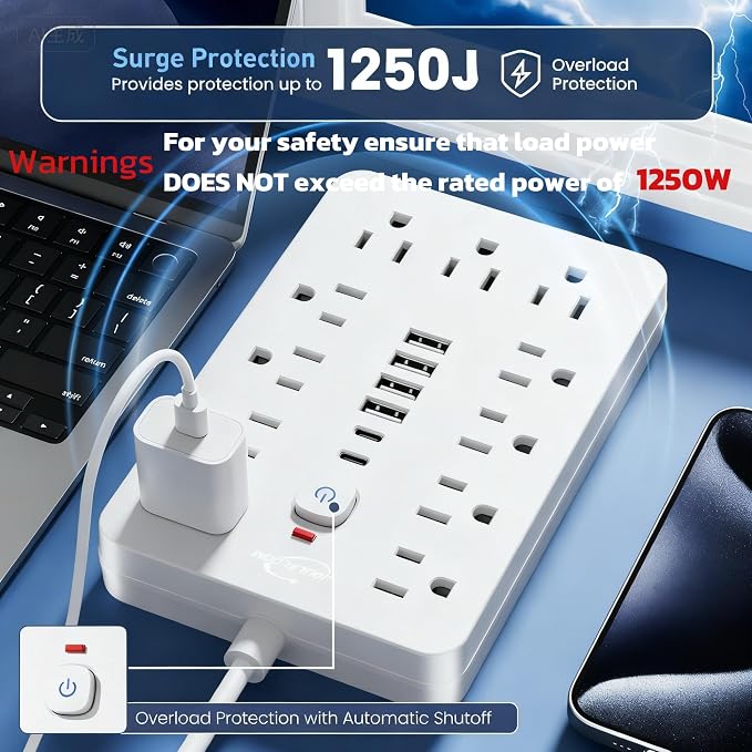 15 FT Flat Plug Surge Protector Power Strip, 11 Multiple AC Outlets - Image 8