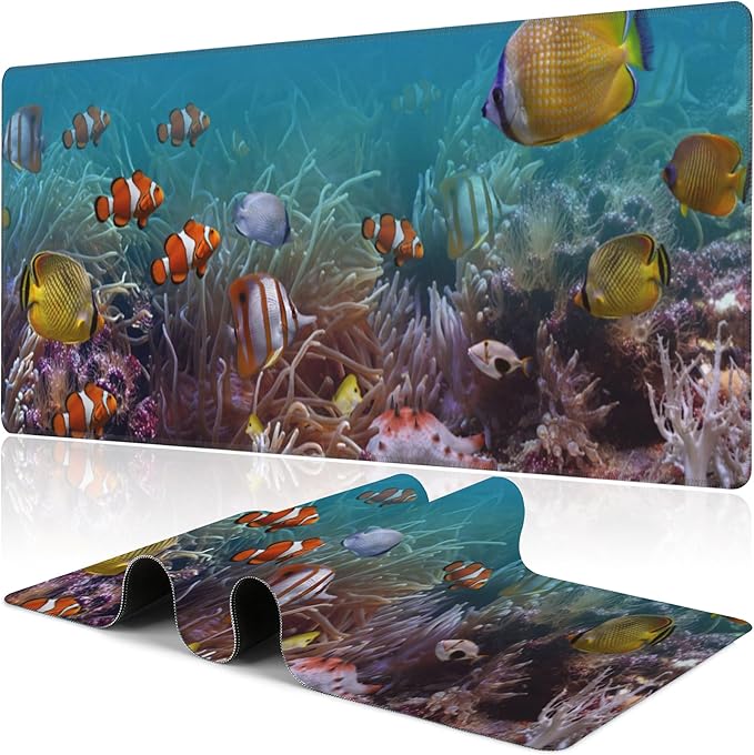 Vibrant Underwater World Desk Mat, Large Tropical Fishes on Coral Reefs Gaming by NIYLYNSYN