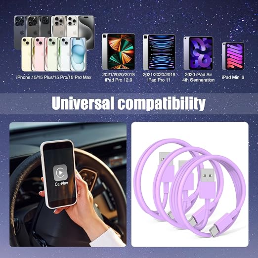 3-Pack Purple USB A to USB C Cable，USB to USB C Car Carplay Cable - Image 6