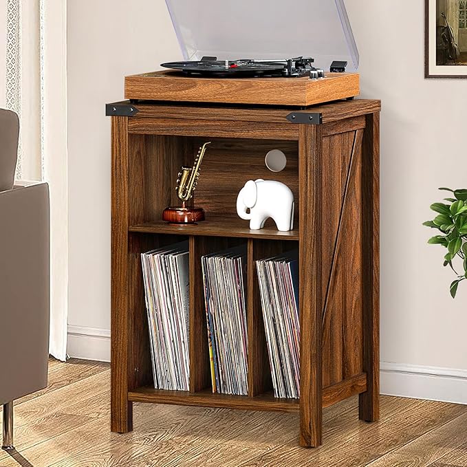 Record Player Stand with Vinyl Record Storage, Rustic Brown Record Player Table - Image 7