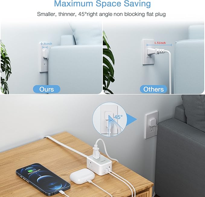 Ultra Thin Flat Extension Cord 10 FT, TESSAN Small Flat Plug Power Strip - Image 2