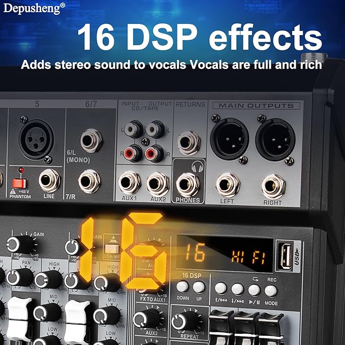 Depusheng Professional Audio Mixer, 7 Channel Audio Interface Sound Board - Image 9