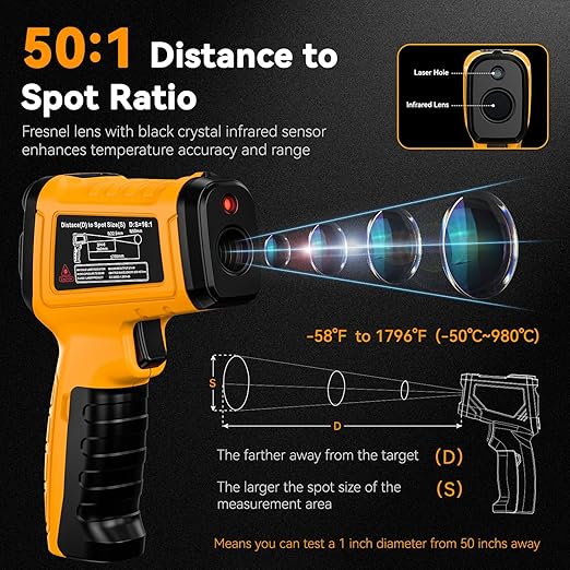 50:1 Infrared Thermometer IR Laser Gun, -58°F to 1796°F, Digital Temperature - Image 2