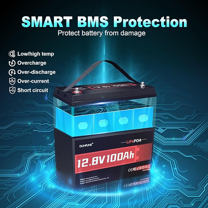 2 Packs 12V 100Ah LiFePO4 Lithium Battery, Built in 100A BMS, 1280W Power Output - Image 3