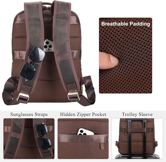 TIDING Men's Full Grain Leather Backpack Fits 16" Laptop, Vintage Business - Image 2