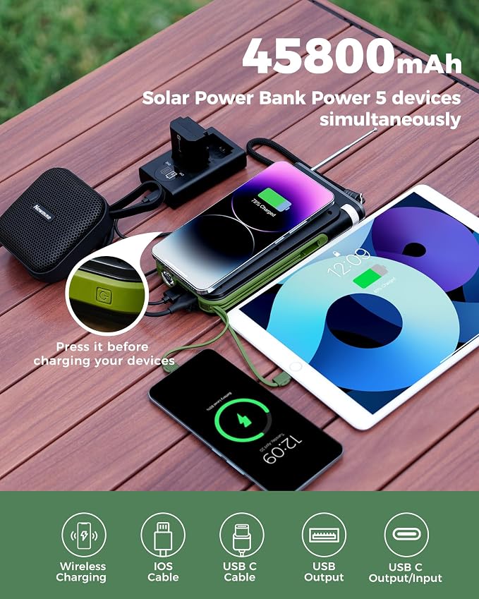 GOODaaa Solar Power Bank, 45800mAh Wireless Portable Charger Built-in Cables - Image 2