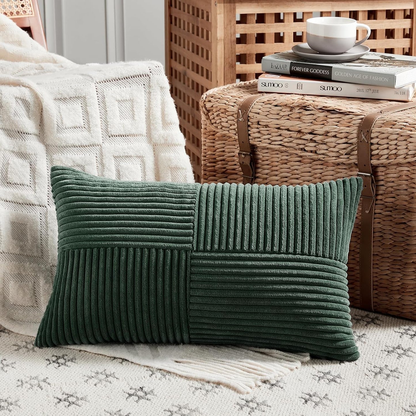 Fancy Homi Set of 2 Dark Green Long Lumbar Decorative Throw Pillow Covers 16x24 Inch for Living Room Couch Bed, Boho Farmhouse Forest Green Home Decor, Soft Corduroy Corss Textured Cushion Case