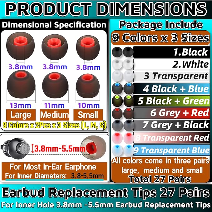 54Pcs Earbud Replacement Tips，Ear Bud Rubber Tips Silicone Earbud Tips Earbud - Image 2