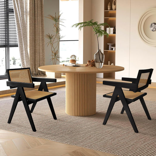 Rattan Dining Chairs Set of 2, Kitchen Chairs Cane for Dining Room, Black