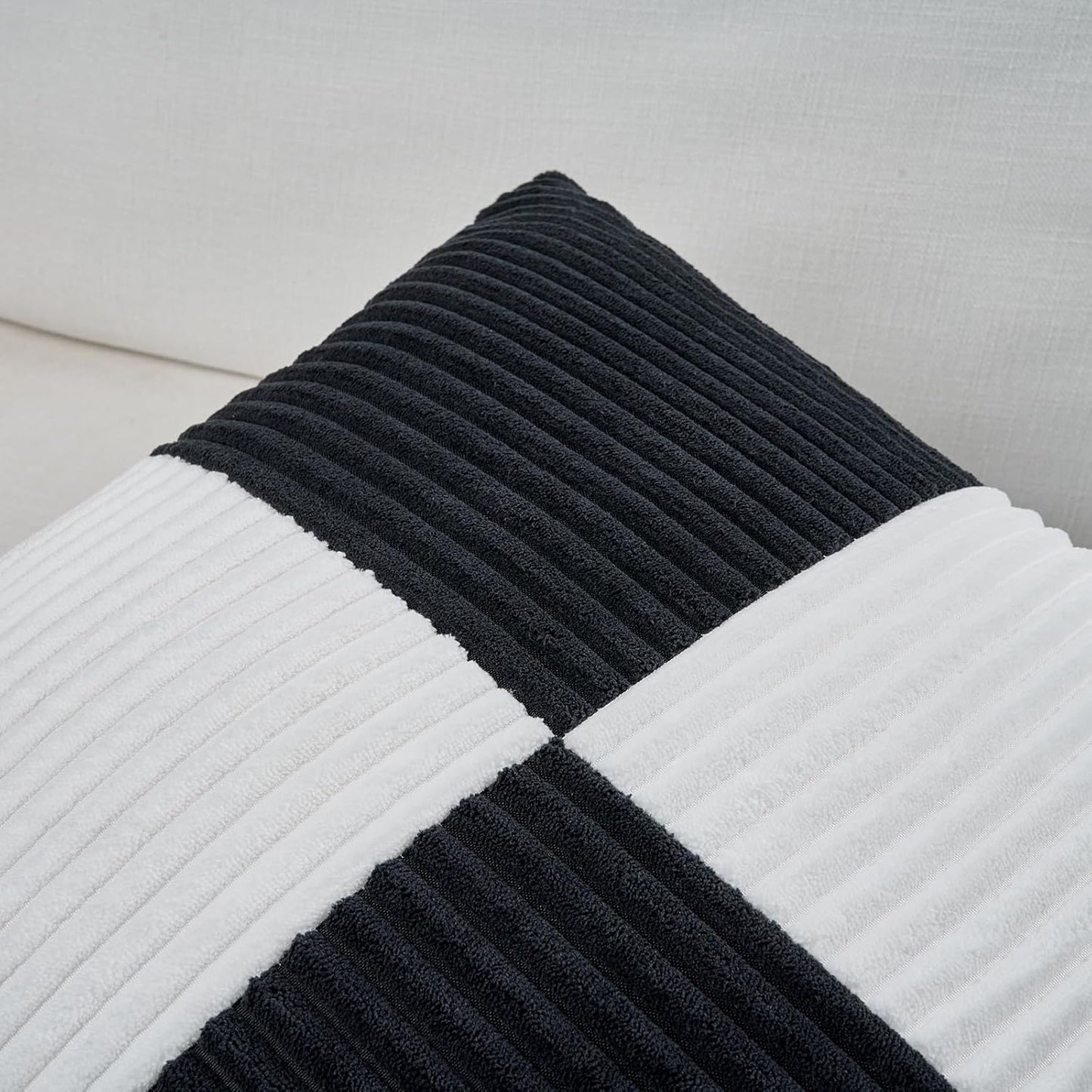 Fancy Homi Set of 2 Black White Euro Decorative Throw Pillow Covers 26x26 Inch for Bedroom Couch Bed, Farmhouse Boho Home Decor, Soft Cross Corduroy Patchwork Textured Square Cushion Case 66x66 cm