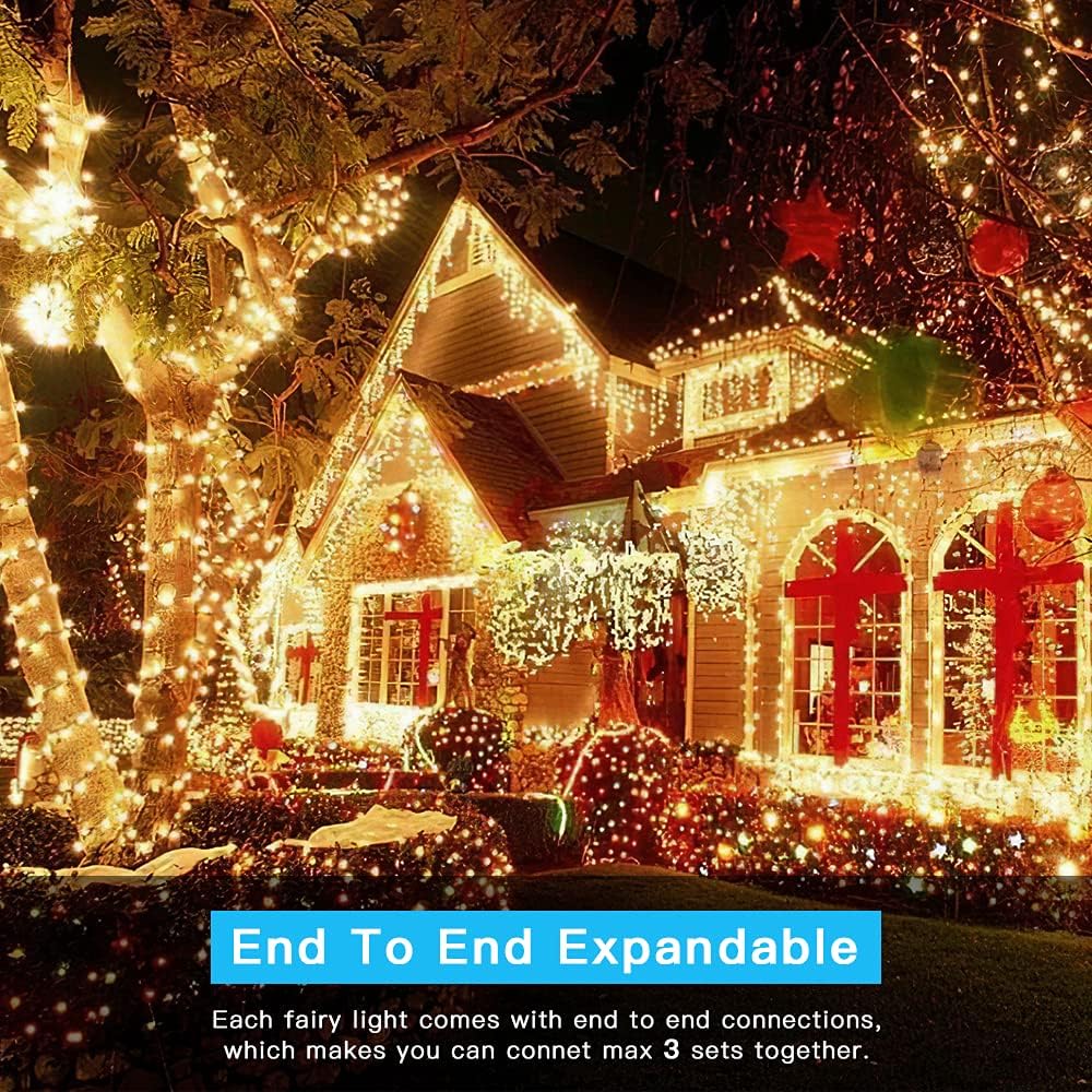 AmyHomie Warm White Christmas Lights, 108Ft 300LED Plug-in Christmas String Lights,8 Modes Waterproof Fairy String Lights for Outdoor & Indoor Christmas Tree Home Patio Garden Party Wedding Decor