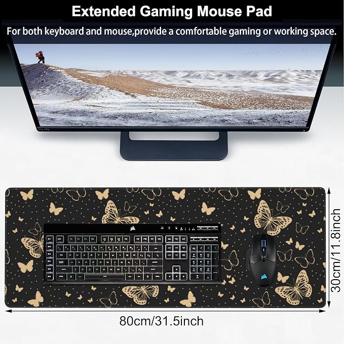 Golden Butterflies Desk Mat, Large Butterfly and Round Spots Gaming Keyboard - Image 2